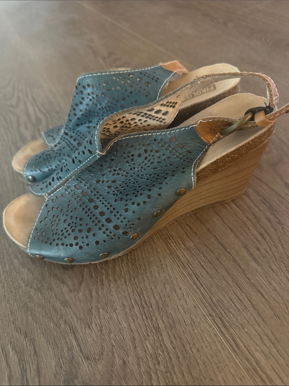 Pikolinos Teal Blue Perforated Wedge Slingback Sandals size 38